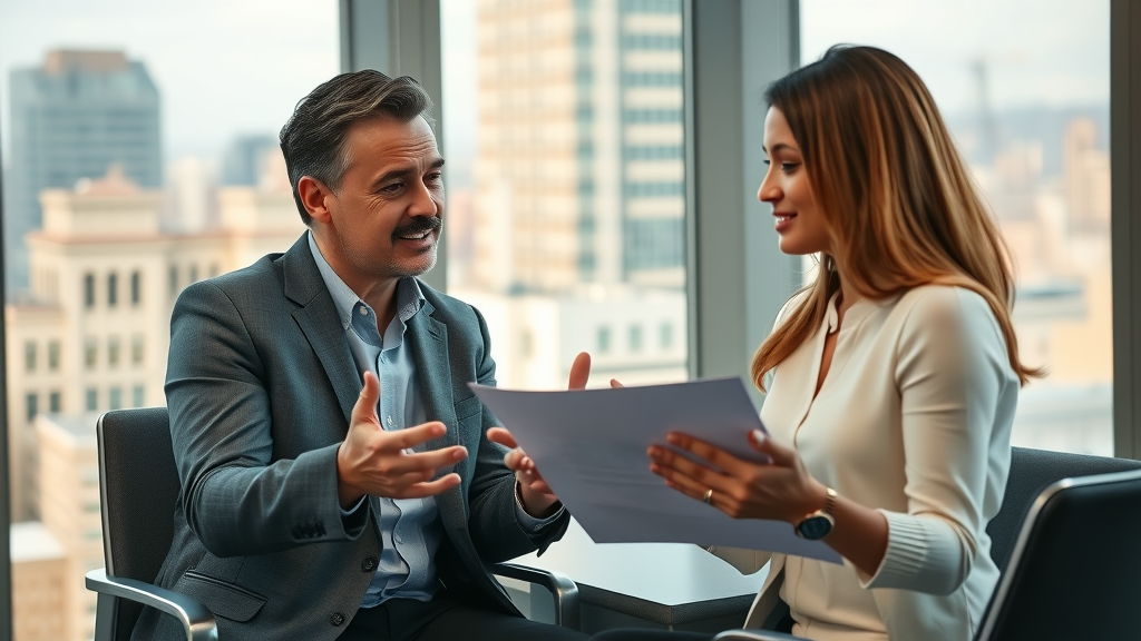 confident career coach advising aspiring content marketer reviewing portfolio samples in a modern office