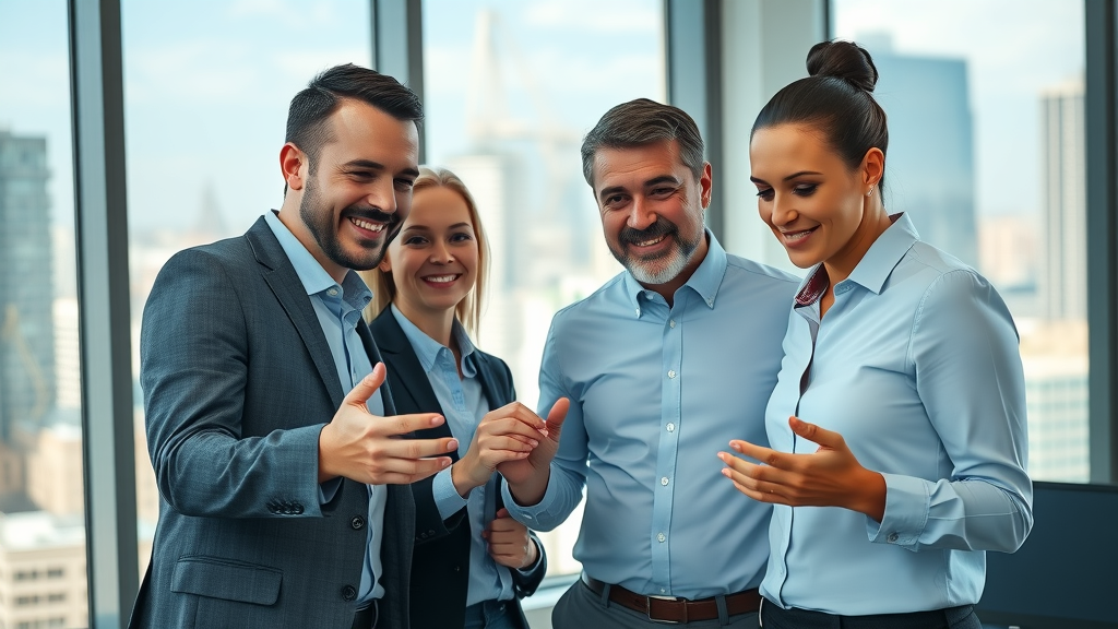 content marketing strategy professionals strategizing around a digital interface in a modern office, cityscape through large windows