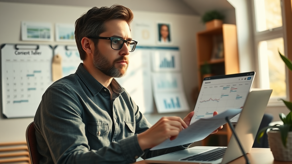 digital marketing strategist reviewing content calendar analytics, warm home office, SEO optimization, search engine performance tracking
