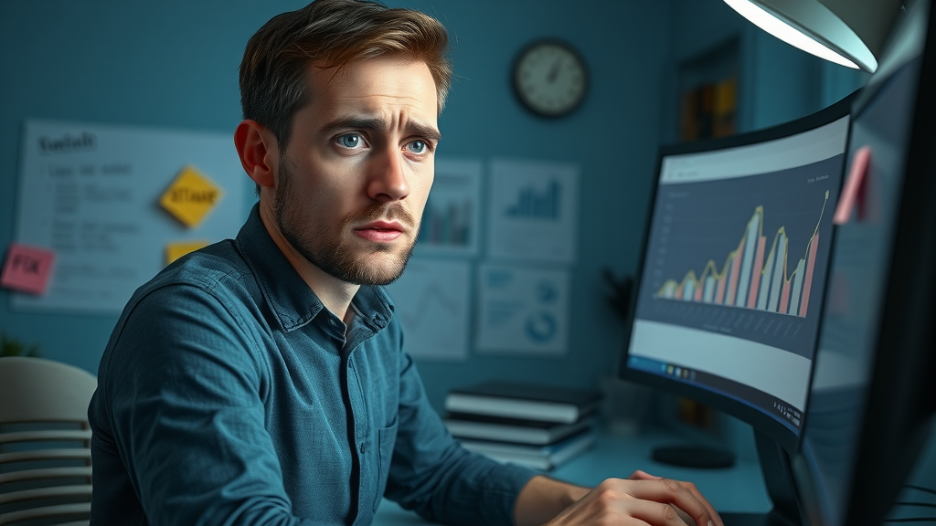 concerned digital marketer realizing seo content optimization mistakes, sticky notes and analytics screen