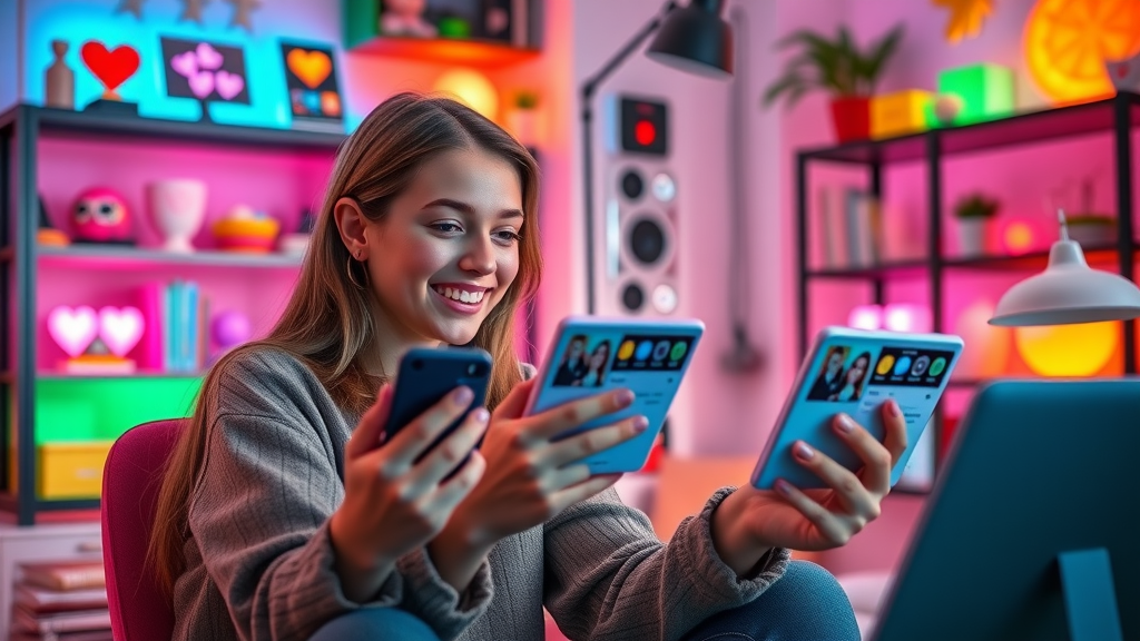 youthful digital influencer engaging audience with social media content during a live stream with vibrant lighting