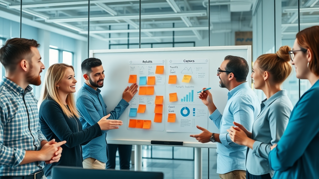 vibrant marketing team in a modern office brainstorming content marketing strategies on a digital whiteboard
