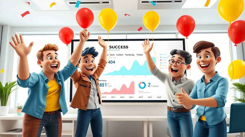 team celebrating content marketing campaign success with digital metrics on a screen