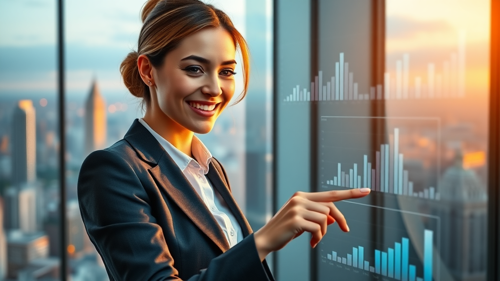 content marketing tools analytics dashboard businesswoman satisfied expression charts cityview