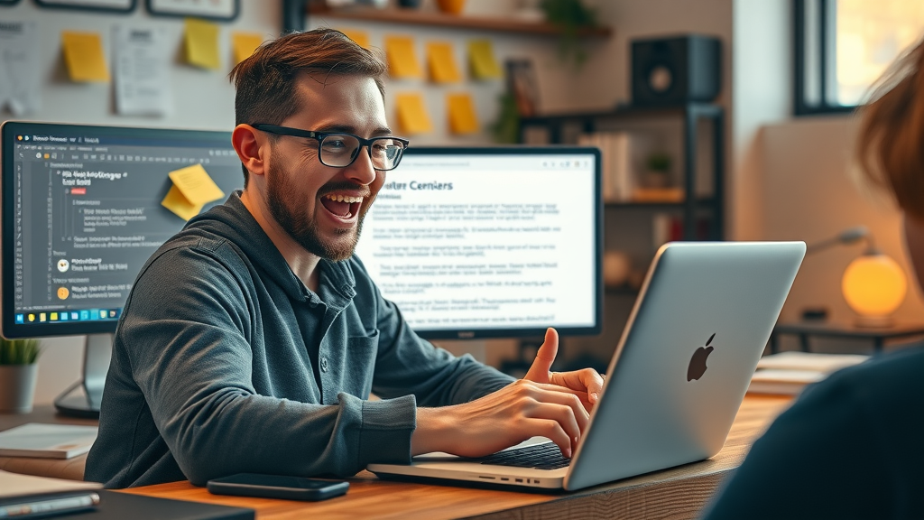 content creator updating blog post for better SEO optimization, headings, keywords, creative studio environment