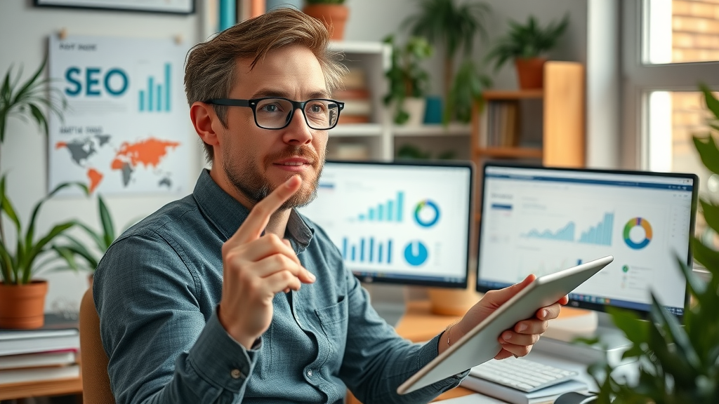 creative content creator developing engaging digital marketing content with SEO graphs and analytics