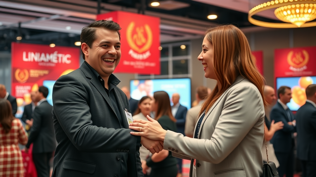 thought leader and brand manager shaking hands at a marketing event amplifying content marketing strategy reach