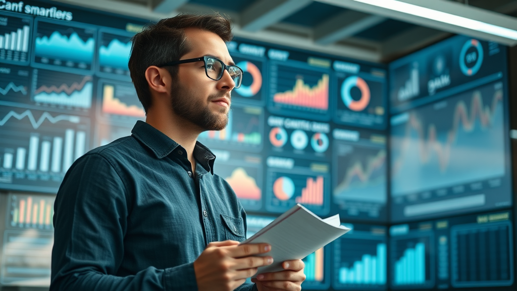 content marketing strategy analytical marketer reviewing data-driven charts and digital screens in a contemporary office environment