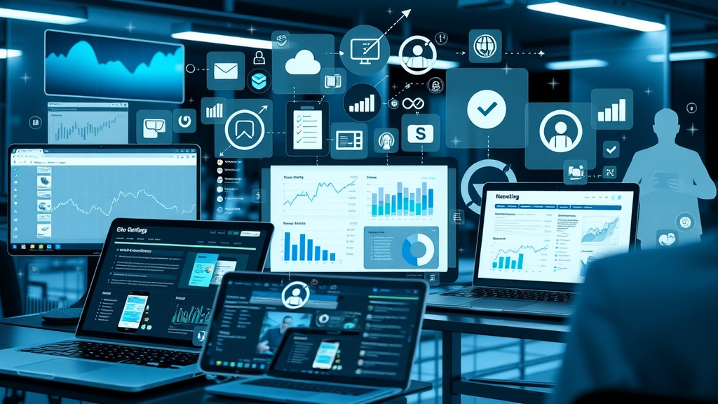 collage of inbound marketing automation, CRM, analytics, and social media scheduling tools