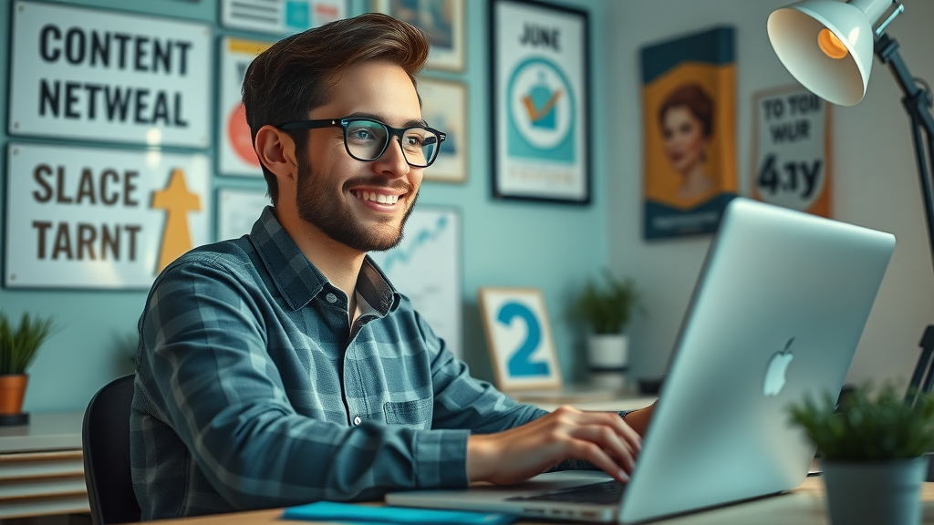 content creator checking growth analytics at organized workspace with upward trending stats