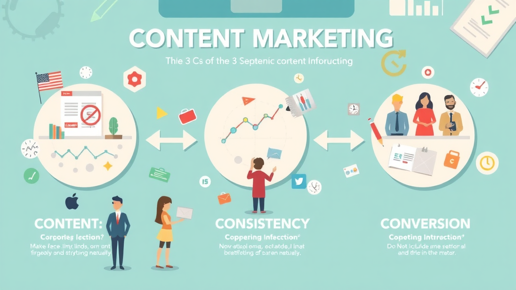 creative infographic concept visualizing the 3 Cs of content marketing: Content, Consistency, Conversion with icons
