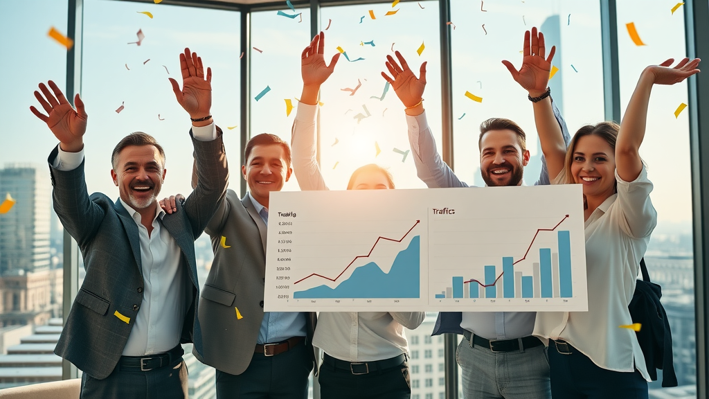 successful business team celebrating improved website traffic analytics after SEO content optimization, joyful expressions, raising hands