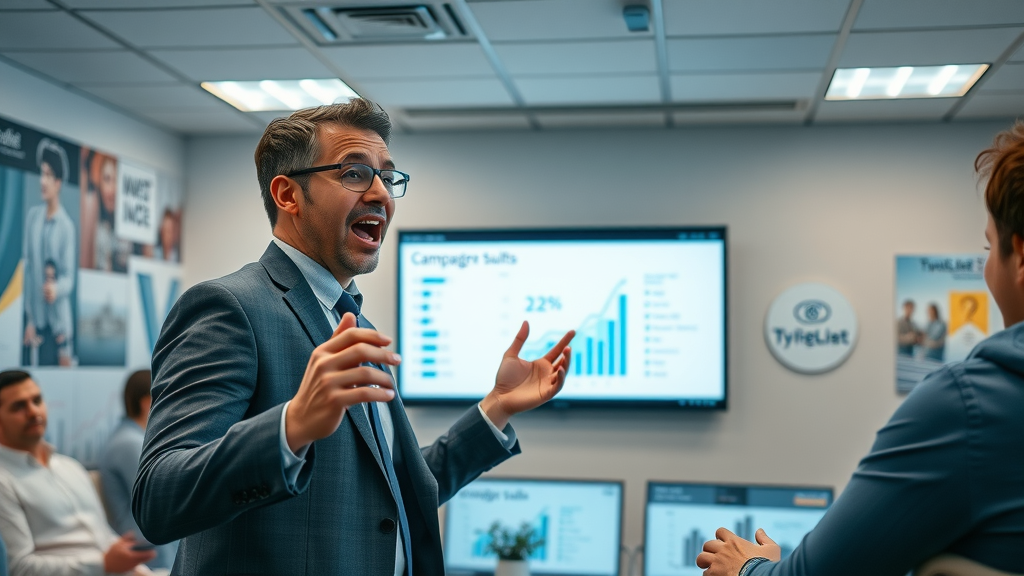 brand strategist showing results of successful digital content campaigns on digital screen