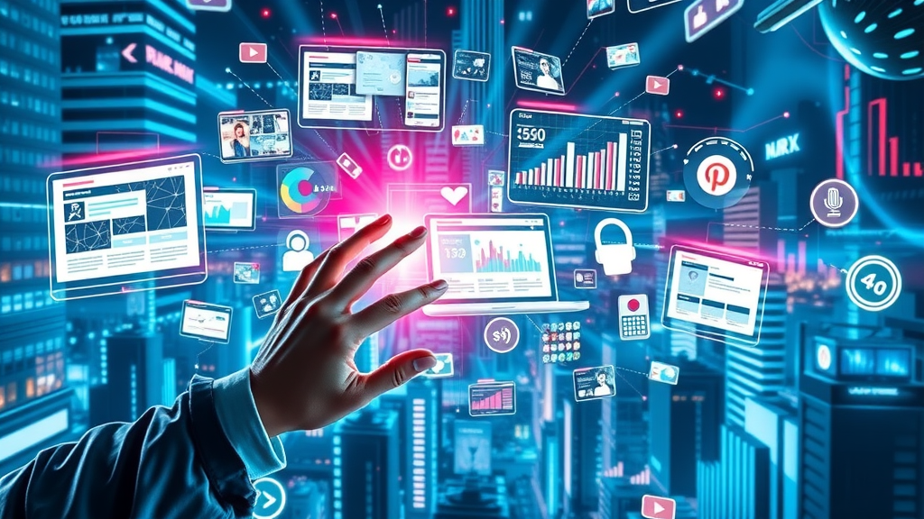 dynamic collage showing types of content marketing: blog posts, videos, podcasts, infographics, social media content