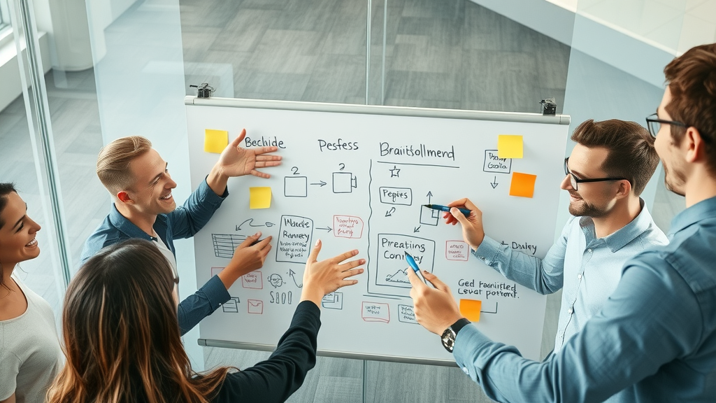 content creation brainstorming session with team sketching ideas and mapping content types on a whiteboard