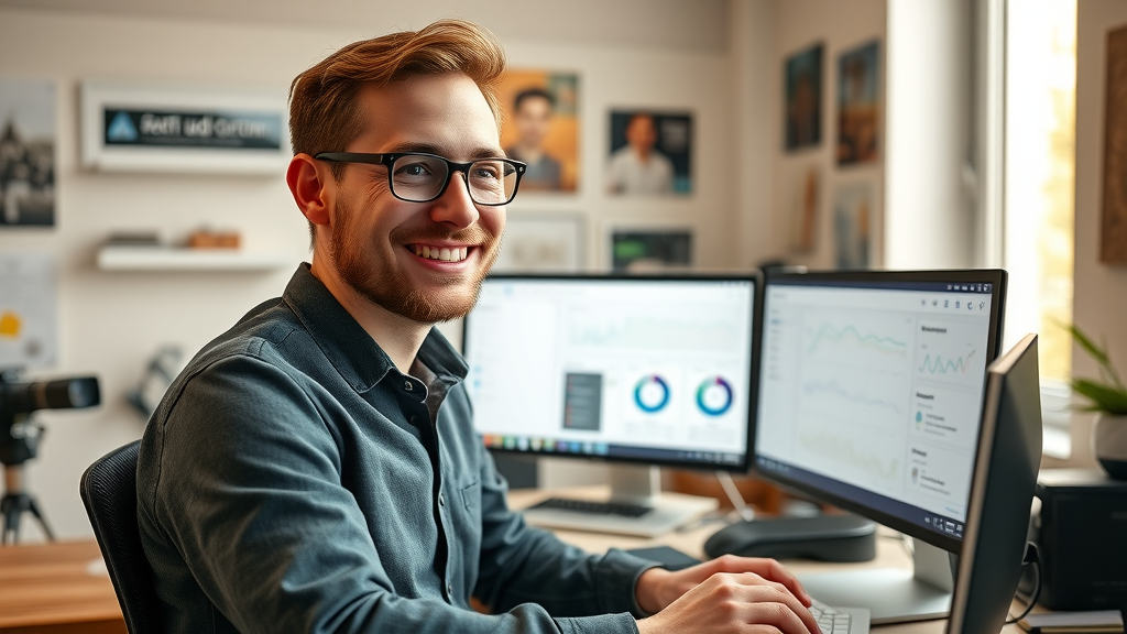 digital content creator reviewing ad revenue, affiliate dashboards, and media posts in a modern studio