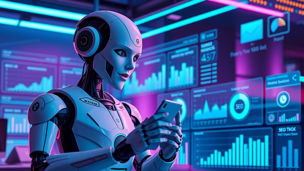 futuristic AI robot and marketer collaborating in SEO content optimization using digital dashboards, neon-lit digital agency office