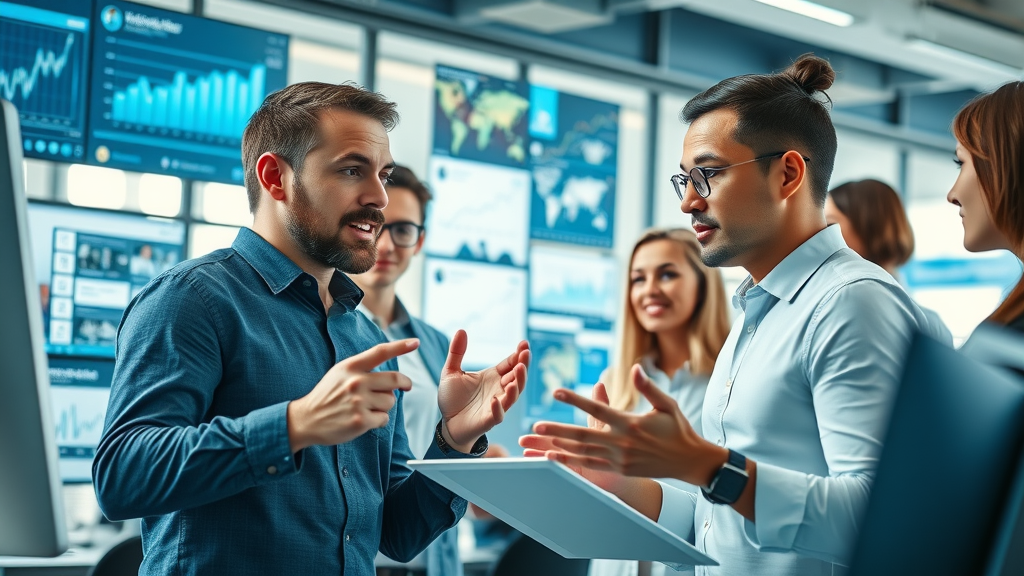 digital content creation in modern workspace with professionals collaborating on digital screens