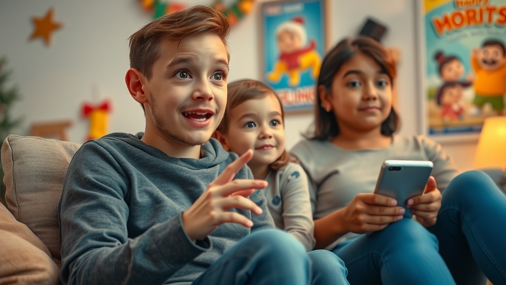 brand storytelling consumer emotional connection with commercial, family watching, vibrant cartoon living room