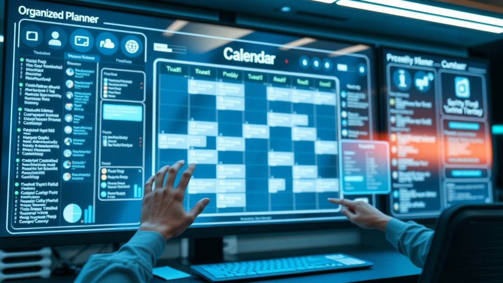 content calendar organized digital planner interface for content marketing strategy shown on large screen with content icons