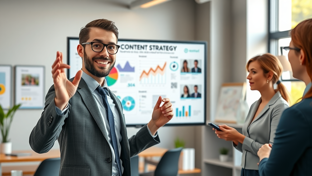 enthusiastic marketer presenting an effective content strategy on a digital display in an office