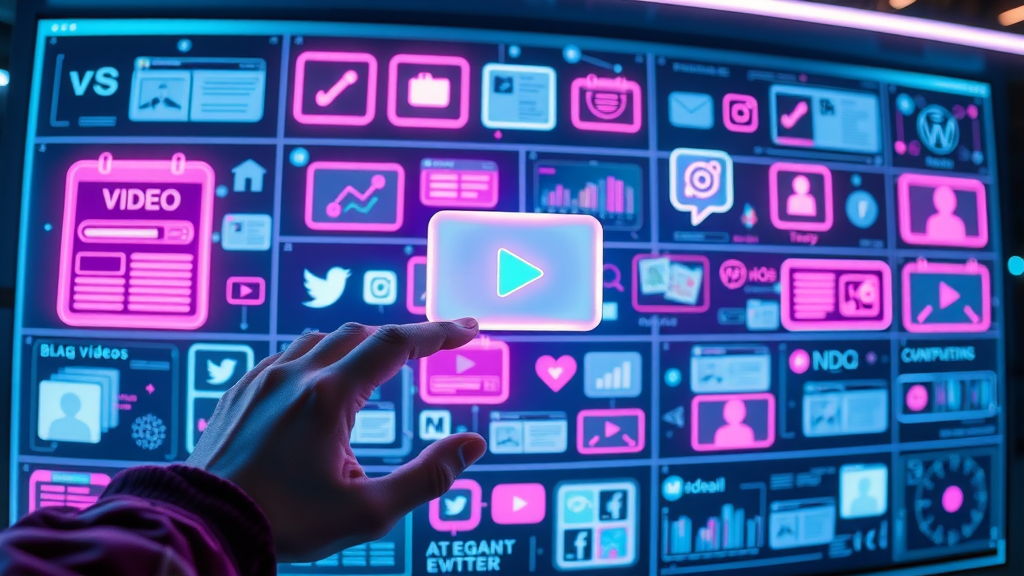 visual representation of various digital content formats like blogs, videos, and social media icons