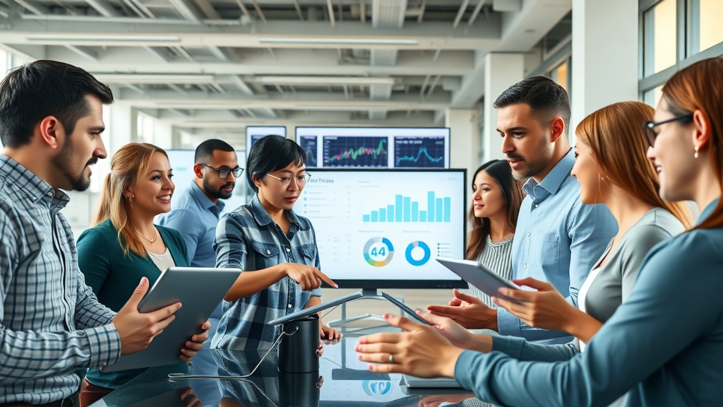 content marketing tools modern office scene diverse team digital dashboards laptops analytics