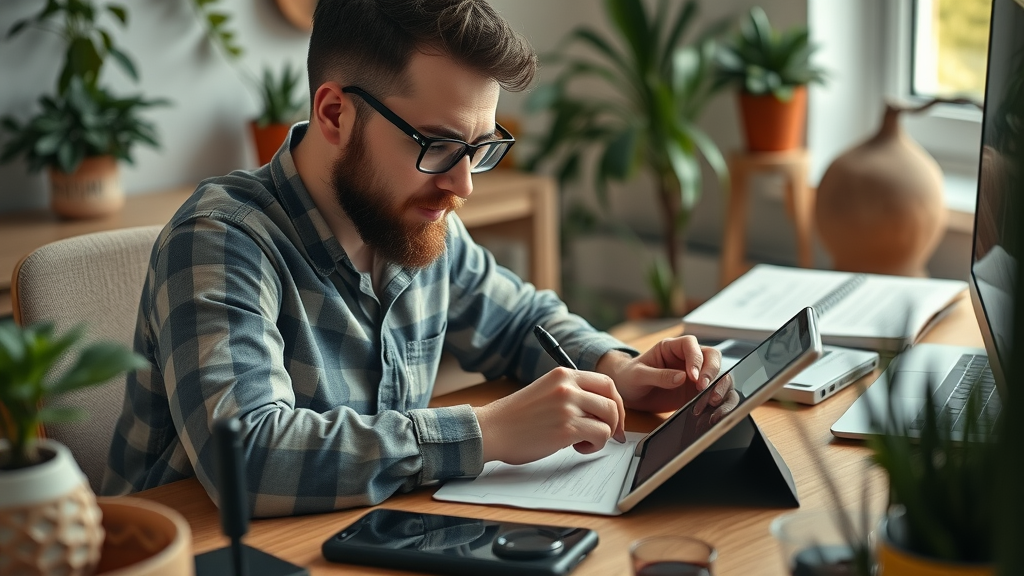 inspiring content creator planning content marketing on a tablet in a creative workspace