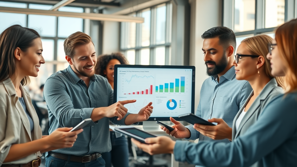 dynamic team of diverse marketers focused on SEO content optimization, collaborating in a modern office, analytics screens, natural daylight