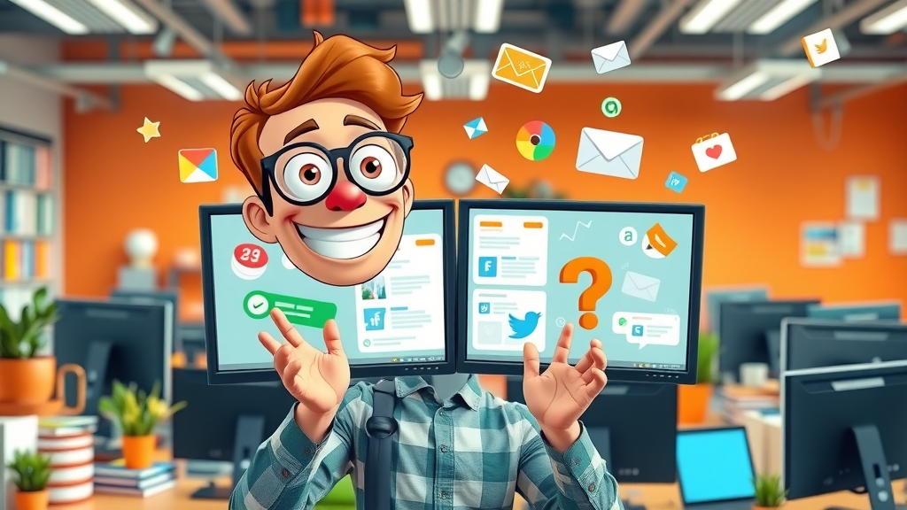 content marketing strategy digital marketer creating email marketing and social media content on dual monitors, vibrant office