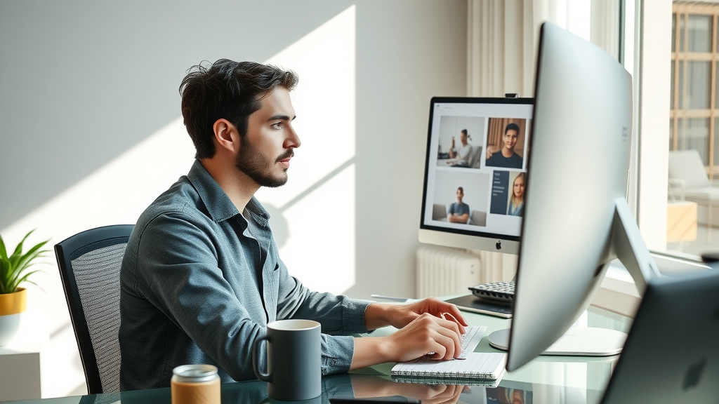 motivated content marketer designing blog and social media content in a minimalist home office