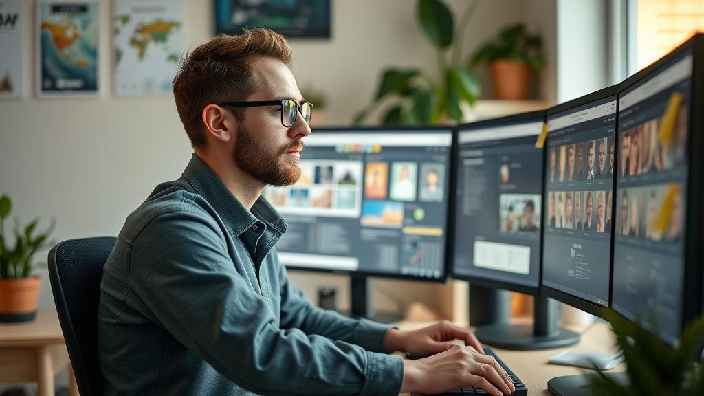 digital content creator multitasking at workstation reviewing digital assets for blog posts and media posts