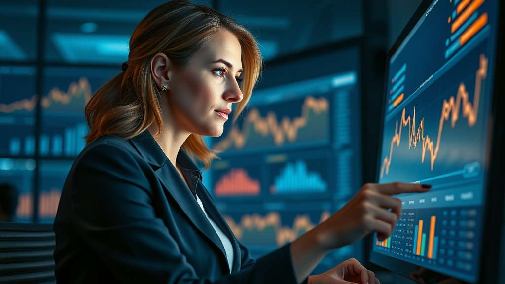 businesswoman reviewing social media content analytics on a glowing digital display for marketing ROI