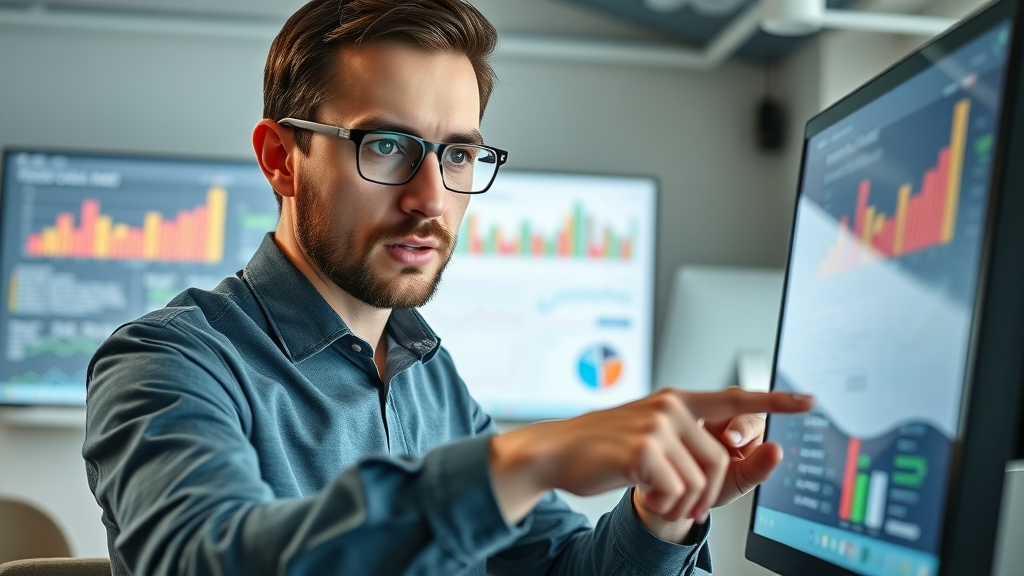 analytical content auditor reviewing webpage, focusing on key content sections, SEO charts, search engine insights and colorful keywords on high-res screen