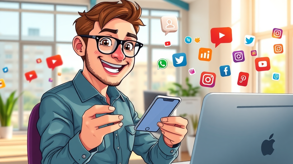 digital content creator posting on multiple social media platforms with lively floating app icons