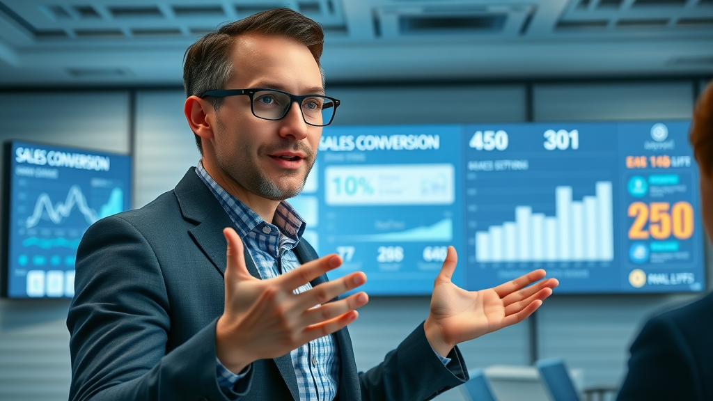 marketing manager presenting sales conversion stats with interactive digital board, content marketing trends