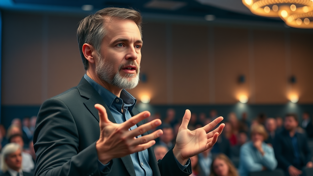 brand storytelling entrepreneur sharing on stage, audience engagement, confident speaking, cinematic conference hall lighting