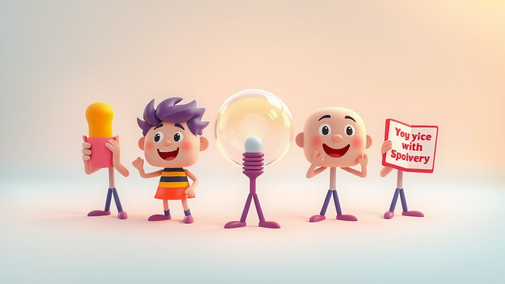 five Cs of storytelling depicted as icons, modern 3D cartoon, pastel colors, minimal style