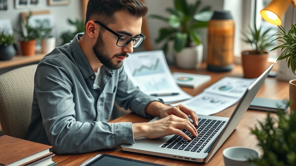 content marketing strategy writer focused on blog posts and case studies at a desk with analytics charts nearby