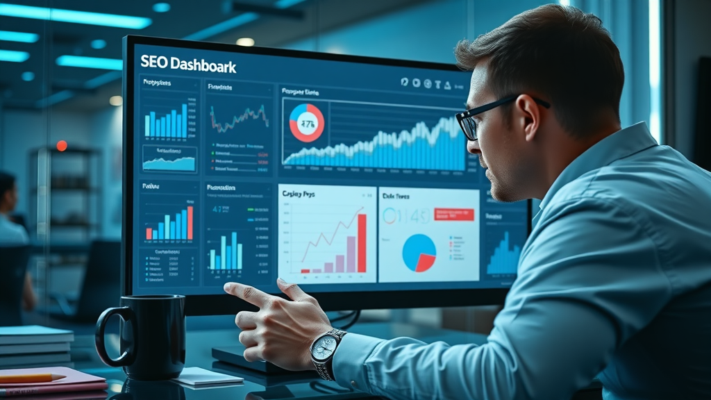 sophisticated SEO dashboard for content optimization, user analyzing analytics, cool blue workspace, coffee mug, ambient LED lighting, search engine optimization