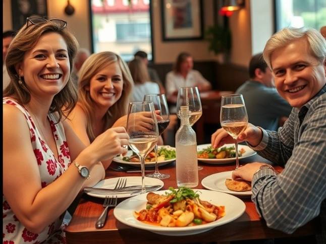 Happy diners enjoying a meal in an Italian restaurant, sharing smiles and laughter.