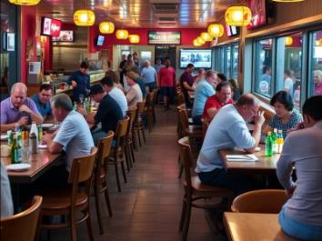 Bustling seafood restaurant with crowded tables and lively dining atmosphere.