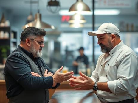 Two stressed restaurant owners discussing challenges in their eatery.