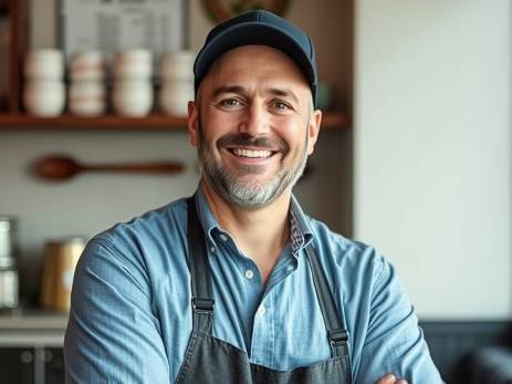 Happy restaurant owner joyfully solving a thorny problem.