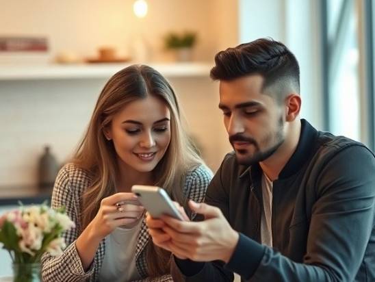 Stylish young couple checking their phone for restaurant options at kitchen table