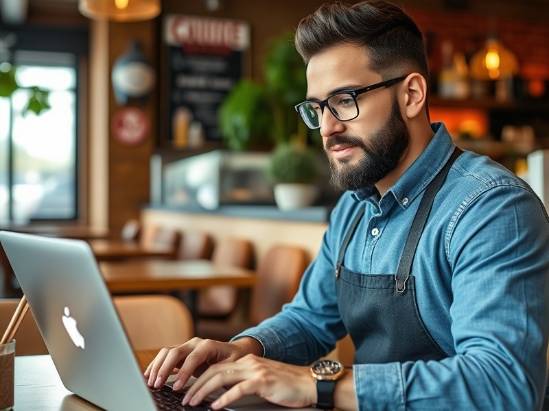Restaurant owner using laptop to respond to customer reviews online.
