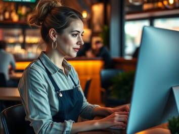 Restaurant owner filling out contact form at her desk on desktop computer