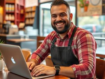 Smiling restaurant owner using laptop, showcasing hospitality and professionalism.