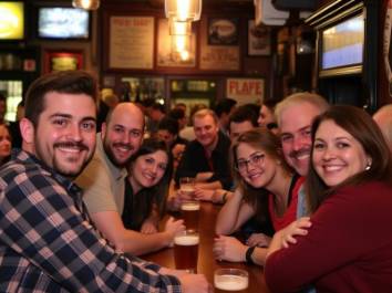 Smiling customers enjoying drinks at a vibrant tavern bar