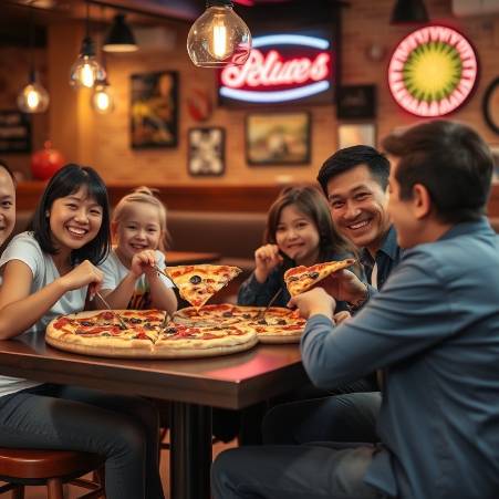 Happy family enjoying pizza together in a cozy restaurant